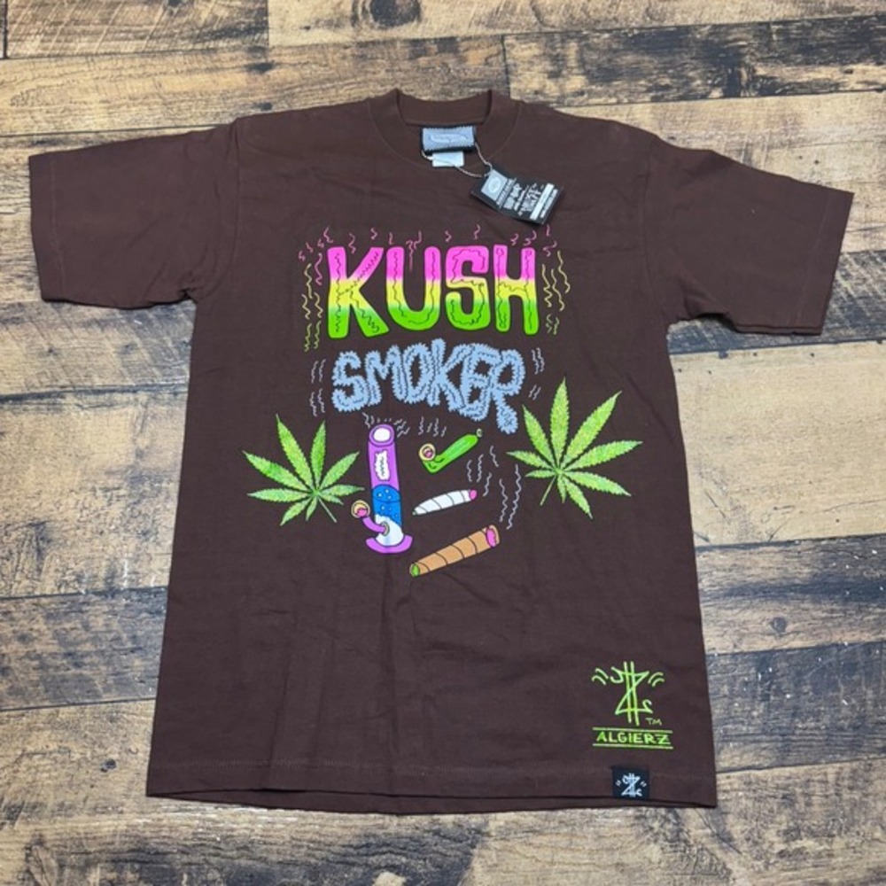 Algierz Kush Smoker Graphic Print Hip Hop T-Shirt Brown Men's‎ Size M NWT